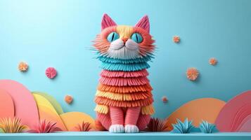 Colorful Paper Art Cat with Vibrant Background and Floral Elements in a Whimsical Setting photo