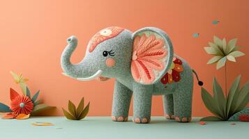 Cute Handmade Felt Elephant Toy with Floral Patterns on Orange Background - Perfect for Kids' Room Decor and Gifts photo