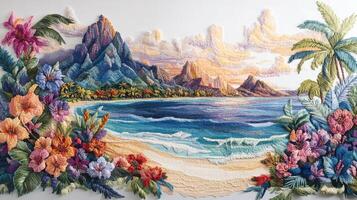 Vibrant Tropical Beach Embroidery with Colorful Flowers, Palm Trees, and Majestic Mountains at Sunset photo