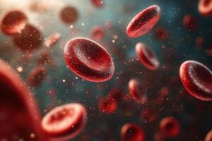 Close-Up View of Red Blood Cells in Motion with a Blurred Background and Sparkling Particles photo