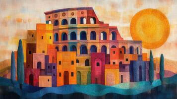 Vibrant Abstract Painting of Colosseum with Colorful Geometric Shapes and Bright Sun photo