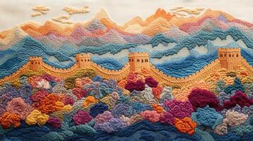 Colorful Embroidered Landscape of the Great Wall of China with Vibrant Flowers and Mountains in the Background photo