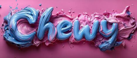 Vibrant and Artistic Chewy Text in Blue and Pink Paint on a Pink Background photo