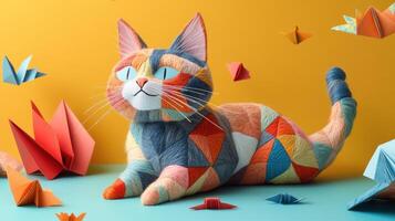 Colorful Yarn Cat Sculpture with Origami Cranes on Vibrant Background photo