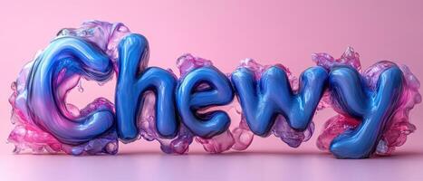 Vibrant 3D Text Art with Glossy Blue Letters and Pink Smoke on Pastel Background photo
