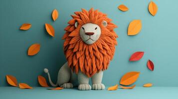 Cute Felt Lion with Orange Mane Surrounded by Falling Leaves on a Teal Background photo