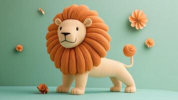 Adorable Plush Lion Toy with Orange Mane on Green Background with Paper Flowers photo