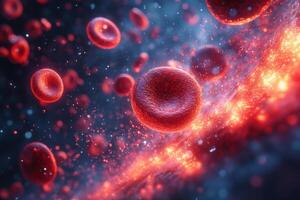 Close-up of Red Blood Cells in a Vivid, Dynamic, and Abstract Medical Illustration with a Futuristic Feel photo