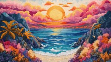 Vibrant Sunset Over Tropical Beach with Colorful Clouds and Lush Vegetation in a Stunning Embroidery Art Style photo