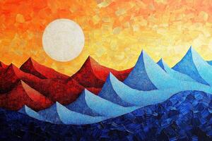 Abstract Landscape Painting with Vibrant Colors Depicting Mountains and Sun in Modern Artistic Style photo