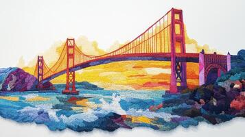 Vibrant Embroidered Golden Gate Bridge at Sunset with Colorful Sky and Ocean Waves photo