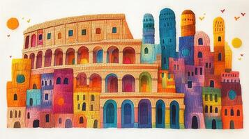 Colorful Abstract Illustration of Ancient Roman Colosseum with Vibrant Geometric Shapes and Patterns photo