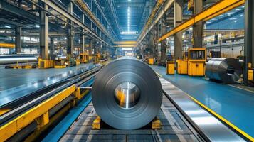 Modern Industrial Factory Interior with Large Metal Rolls and Advanced Machinery in a Bright and Clean Environment photo