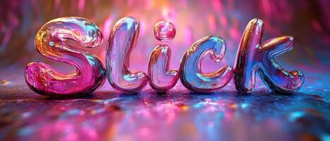 Vibrant 3D Text Art with Colorful Neon Lights and Glossy Effects on Abstract Background photo