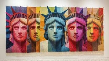 Colorful Textile Art Installation Featuring Multiple Faces of the Statue of Liberty in Vibrant Hues photo