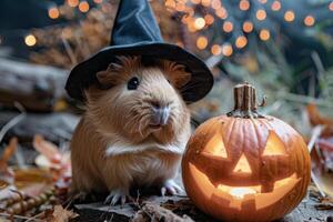 Adorable Guinea Pig in Witch Hat with Jack-o'-Lantern for Halloween Celebration photo