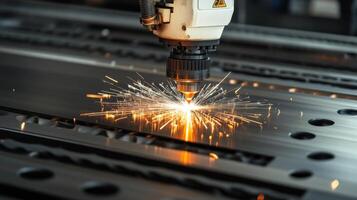 Industrial Laser Cutting Machine in Action with Sparks Flying in a Modern Manufacturing Facility photo