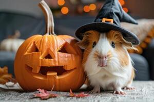 Adorable Guinea Pig in Witch Hat with Carved Pumpkin for Halloween Celebration photo