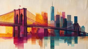Vibrant Abstract Art of Brooklyn Bridge with Colorful New York City Skyline in Background photo