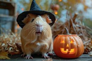 Adorable Guinea Pig in Witch Hat with Halloween Pumpkin Lantern in Autumn Setting photo