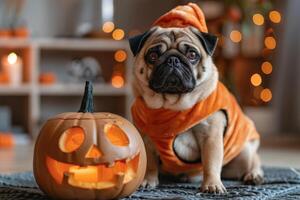 Adorable Pug in Halloween Costume Sitting Next to Carved Pumpkin with Glowing Lights in Cozy Room photo