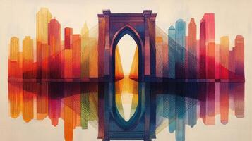 Vibrant Abstract Cityscape with Colorful Skyscrapers and Reflections of an Iconic Bridge at Sunset photo