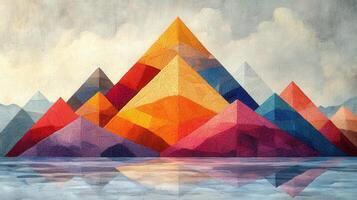 Abstract Geometric Mountain Landscape with Vibrant Colors and Reflections photo