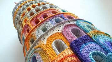 Colorful Woven Tower Sculpture with Intricate Patterns and Vibrant Hues Against a White Background photo