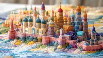 Colorful Embroidered Cityscape Featuring Intricate Architectural Details and Vibrant Patterns photo