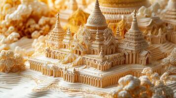 Intricate Golden Temple Model with Detailed Architecture and Ornate Design in a Serene Setting photo