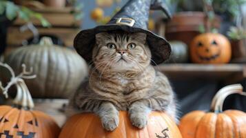Adorable Cat Wearing Witch Hat Surrounded by Halloween Pumpkins in Festive Setting photo
