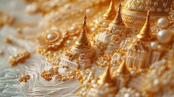 Intricate Golden Embroidery of Pagodas and Temples with Pearls and Detailed Textures photo