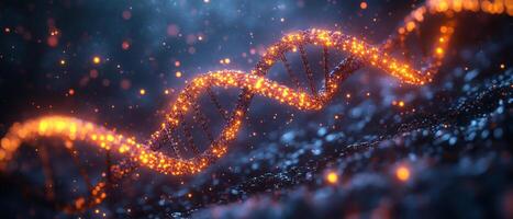 Glowing DNA Strand in a Futuristic Environment with Sparkling Particles and Dark Background photo