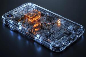 Transparent Smartphone with Exposed Circuitry and Glowing Components on a Dark Background photo