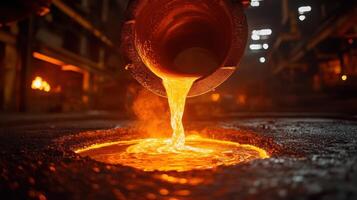 Molten Metal Pouring in Foundry with Glowing Orange Liquid Metal in Industrial Setting photo