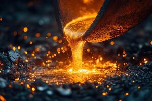 Molten Metal Pouring from Crucible in Foundry with Sparks Flying in Industrial Setting photo