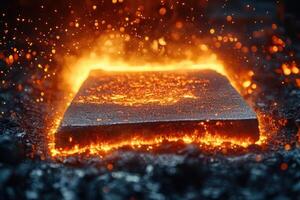 Glowing Hot Metal Slab in a Forge with Sparks Flying in an Industrial Workshop photo