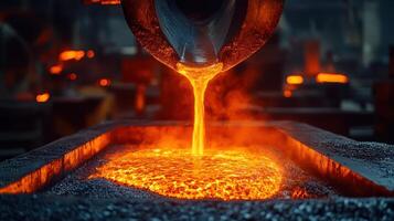 Molten Metal Pouring in Industrial Foundry with Glowing Orange and Red Hues, Capturing the Intensity of Metalworking photo