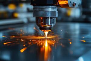 Close-Up of Industrial CNC Laser Cutting Machine with Sparks Flying in a Modern Manufacturing Facility photo