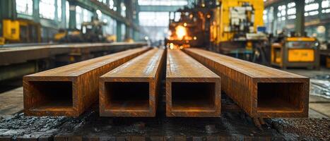 Industrial Steel Beams in a Factory Setting with Heavy Machinery and Sparks in the Background photo