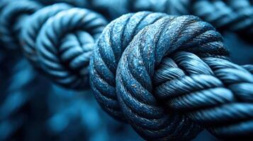 Close-Up of Thick Nautical Ropes Tied in Knots with a Blue Background, Symbolizing Strength and Unity photo