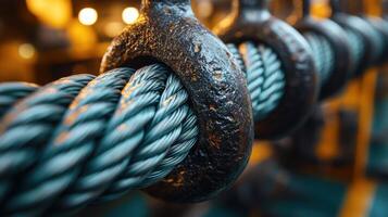 Close-Up of Heavy-Duty Industrial Steel Cable with Rusty Metal Hooks in a Factory Setting photo