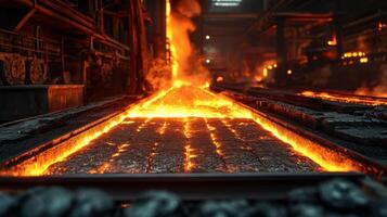 Molten Metal Flowing in Industrial Foundry with Glowing Orange Heat and Sparks in a Dark Factory Setting photo