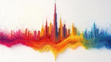 Colorful Abstract Cityscape with Vibrant Skyline and Modern Skyscrapers in Rainbow Hues on White Background photo