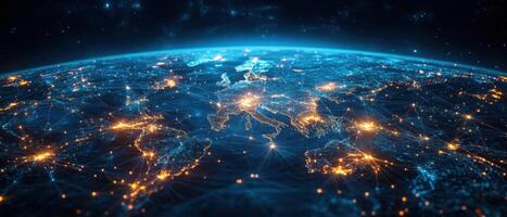 Aerial View of Europe at Night with Glowing City Lights and Network Connections photo