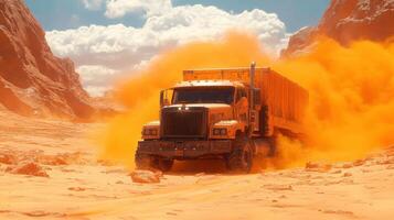Heavy-Duty Truck Navigating Through Dusty Desert Terrain with Dramatic Orange Dust Clouds photo