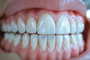 Close-Up of Perfectly Aligned White Teeth and Healthy Gums in a Smiling Mouth photo
