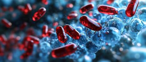 Close-Up of Red Capsules Floating Among Blue Bubbles in a Scientific and Futuristic Environment photo