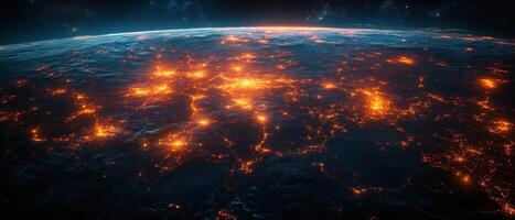Stunning Aerial View of Earth at Night with Glowing City Lights and Starry Sky in the Background photo