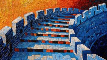 Vibrant Mosaic Art of a Curved Staircase with Warm and Cool Tones photo